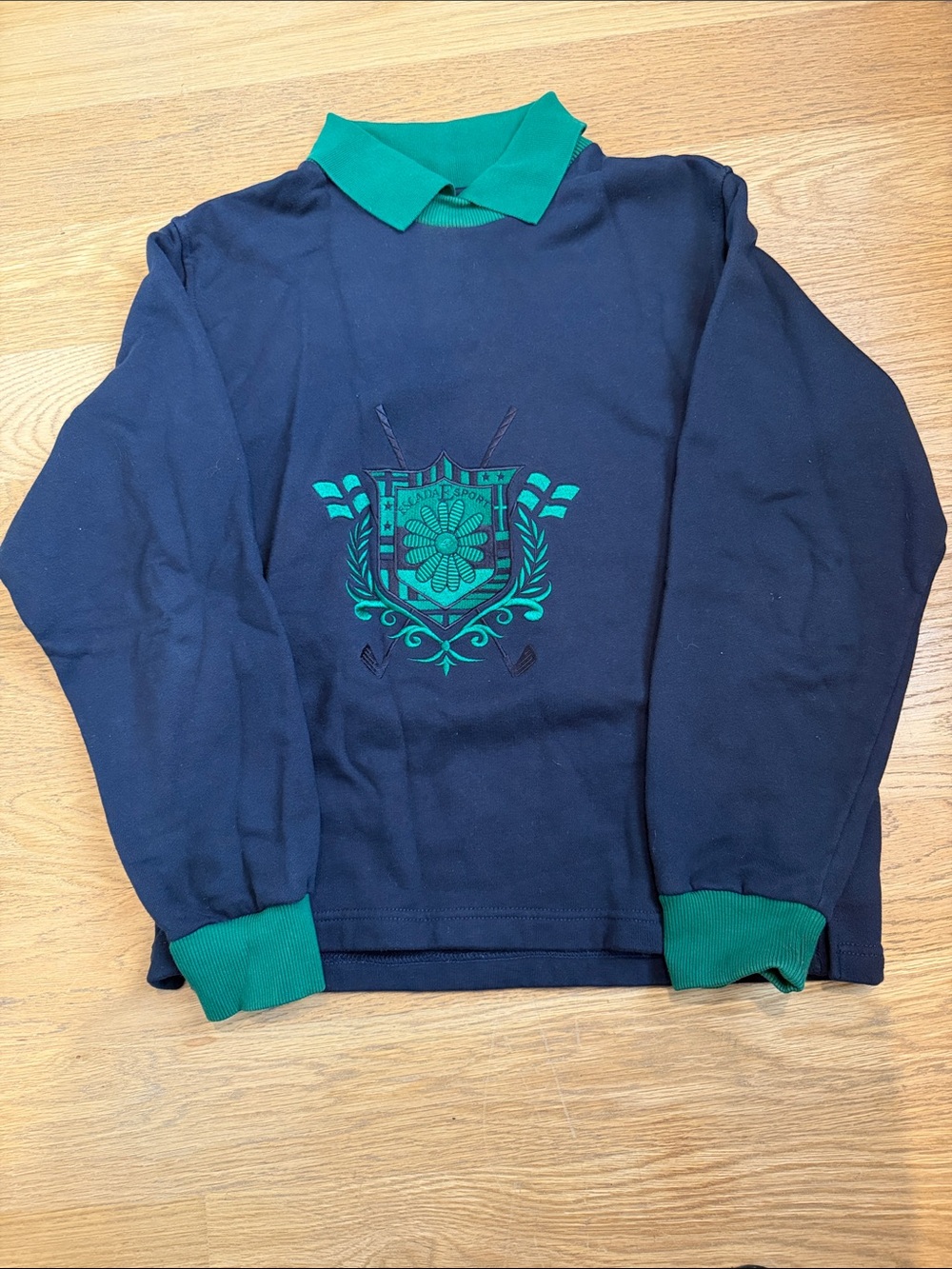 Escada Navy Sweatshirt with Green Collar and Crest